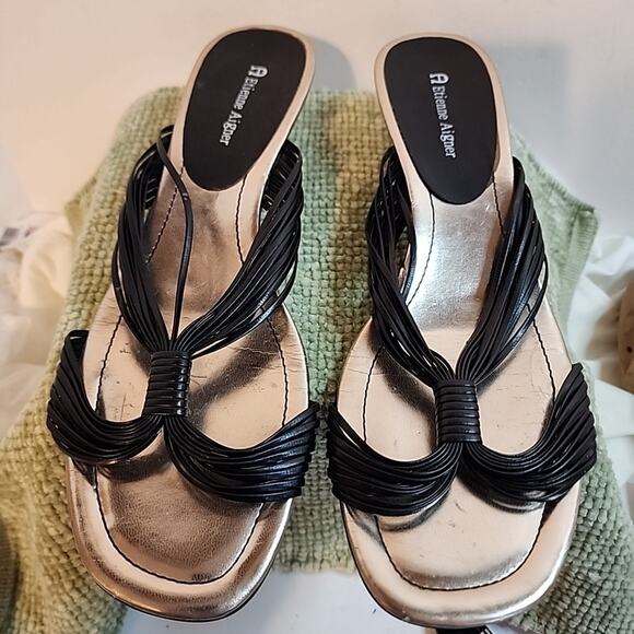 Etienne Aigner Black Kitten Heel Sandals Slip On Woven Strap Mules Sz 10 - Picture 2 of 7